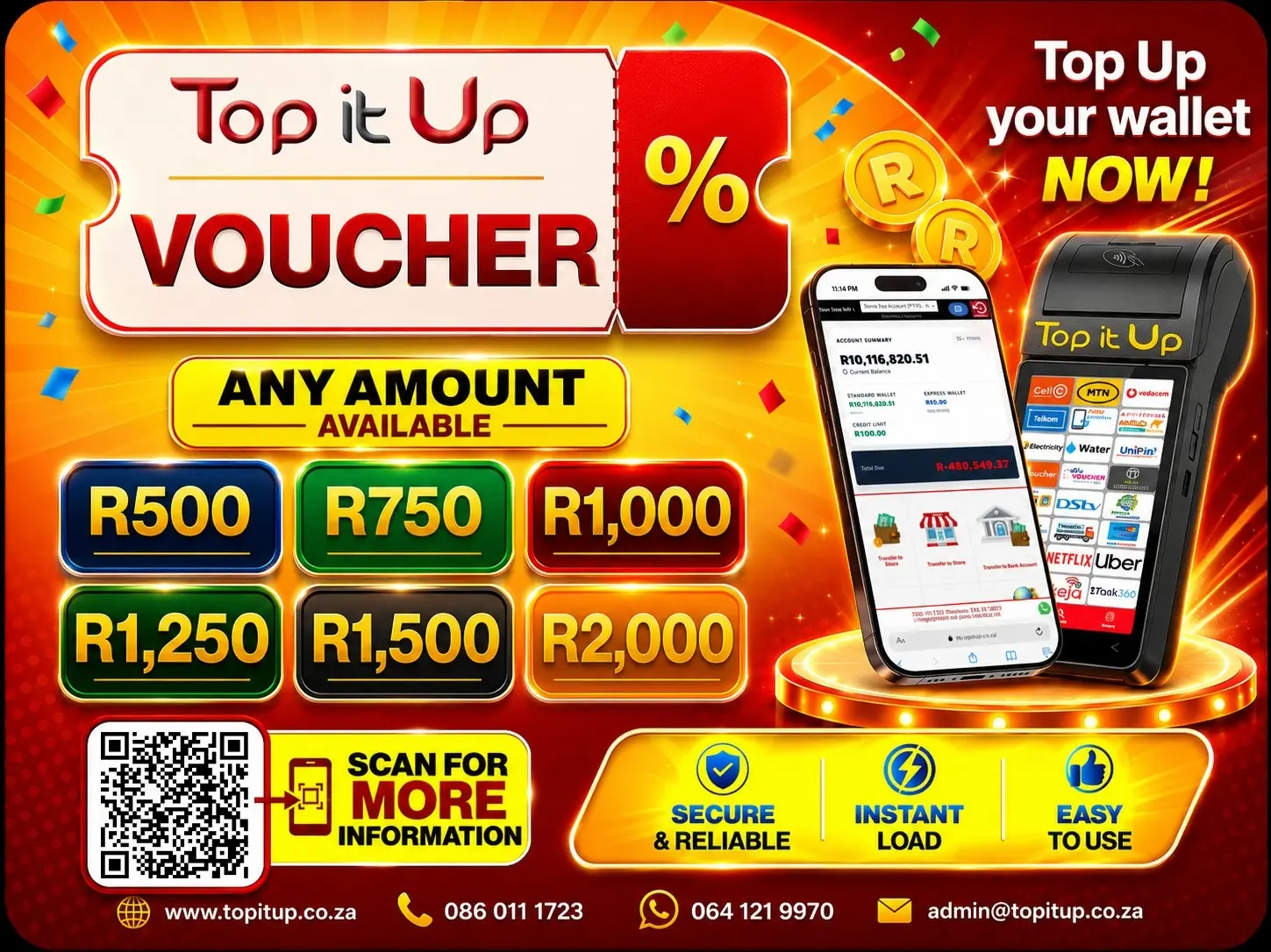 Top it Up voucher promotion for shopkeepers, showing available denominations and wallet top up on phone and till device